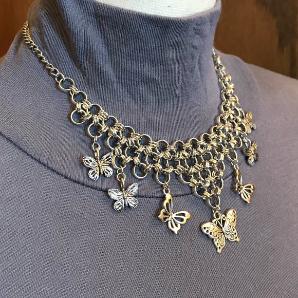 "Gothic Flutter" Handmade Goth Silver Butterflies Chainmail Choker Necklace Punk - Picture 10 of 16